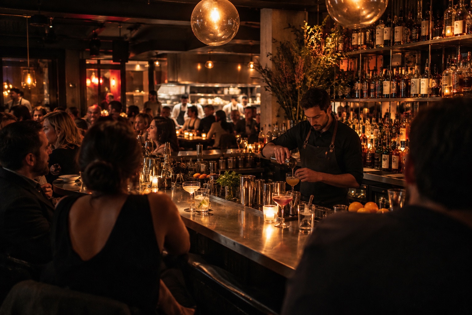 Guests and a bartender during an evening at a restaurant bar