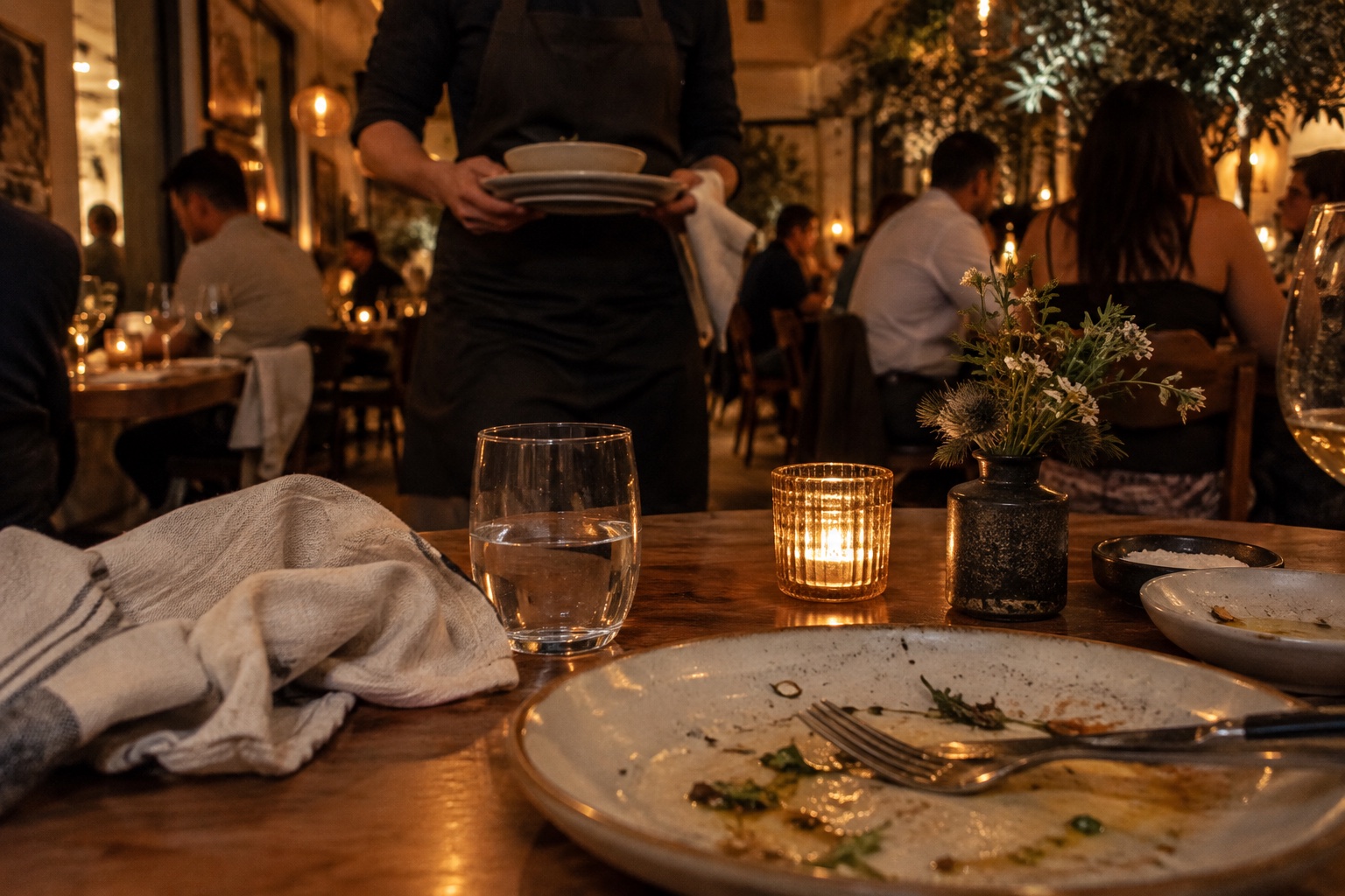 A server clearing plates as seen from a guest’s table in a busy restaurant
